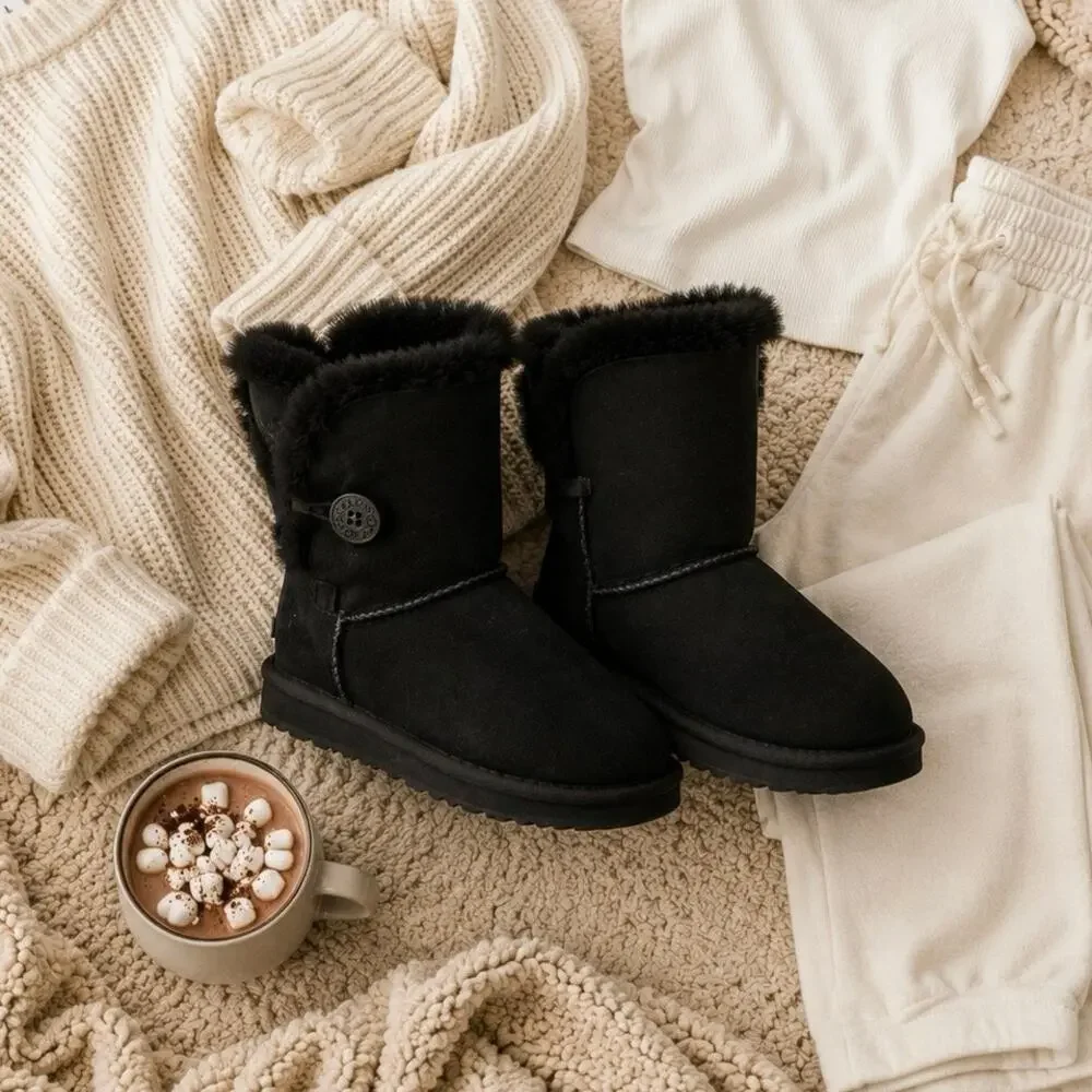 UGG Bailey Button Black Sheepskin Shearling Boots Women’s Size 5 Classic Short